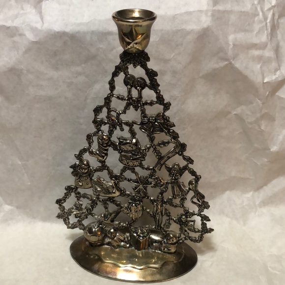 Vintage Silver Plate Christmas Tree Candle Holder Ornaments/Presents 10”x6.5” - Picture 1 of 10